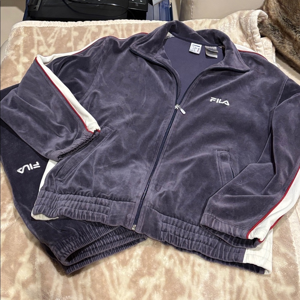Fila Purple and White Tracksuit with Red Accents